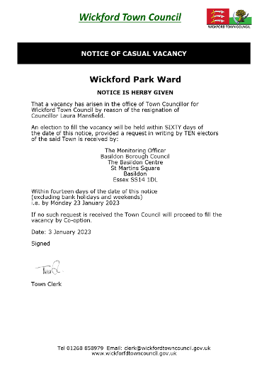 Basildon Council - Notice of Vacancy - Wickford Town Council - Wickford Park Ward - Jan 2023