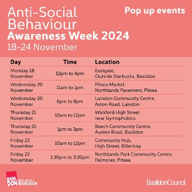 Decorative image showing Anti-Social Behaviour Awareness Week 2024 timetable