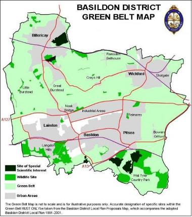 Large Green Belt map of Basildon District