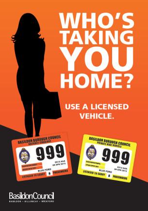 Image - Front cover of Basildon Council Taxi Safety leaflet - Who is taking you home tonight?