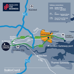 Image showing a map of Basildon Borough's proximity to London and nearby road, rail, air and sea links